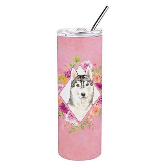 Carolines Treasures CK4210TBL20 Siberian Husky Pink Flowers Stainless Steel 20 oz Skinny Tumbler 20 oz multicolor