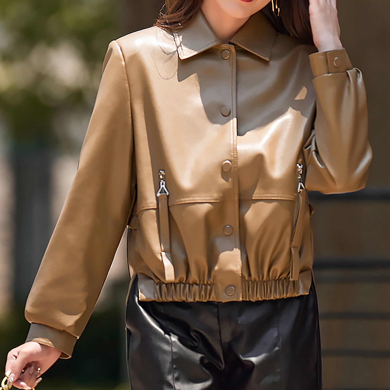 Cropped Faux Leather Jacket for Women Button Down Cool Motorcycle Short Jacket Long Sleeve Casual Crop Outwear (Large, Khaki)
