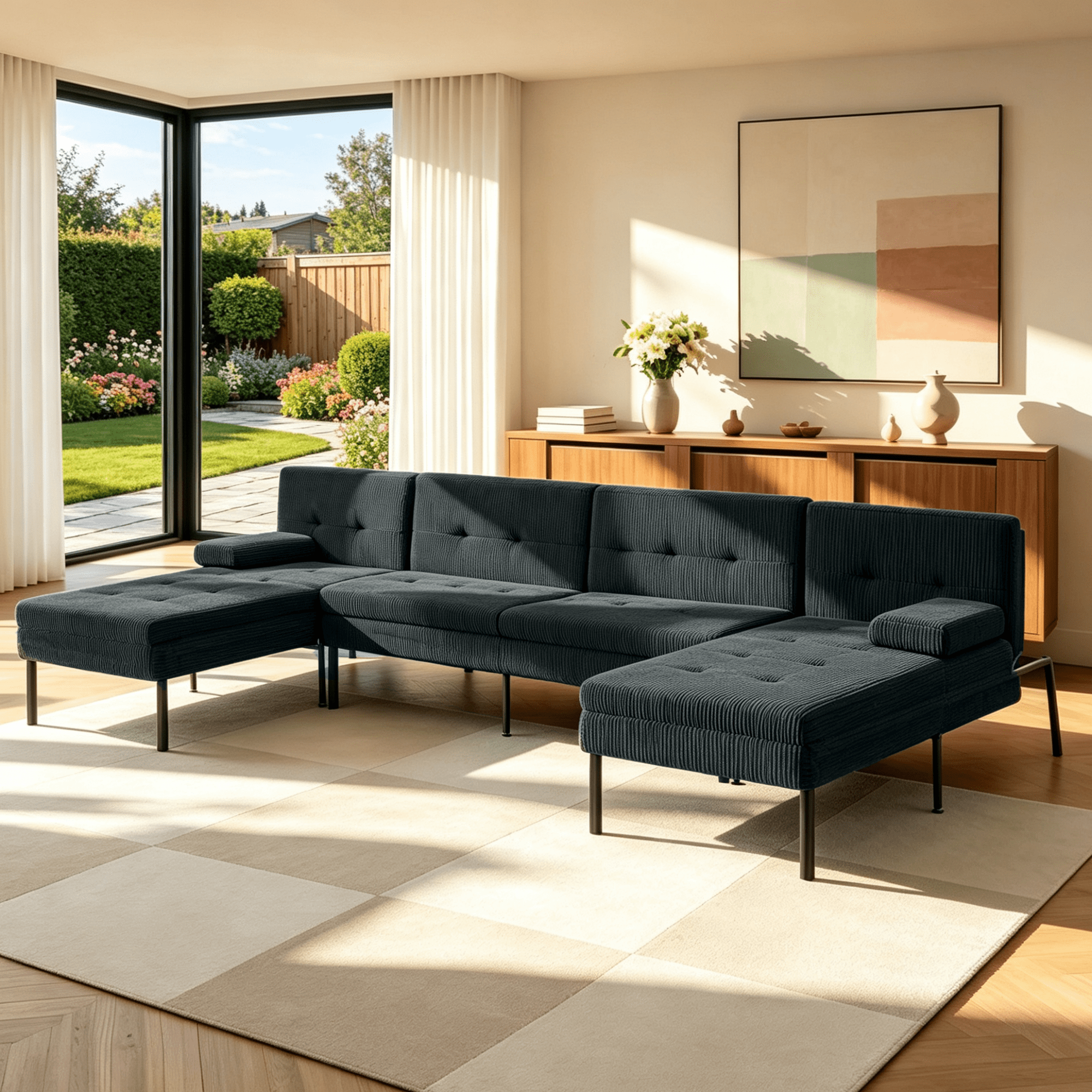 Gewnee 117.13”U-Shaped Sectional Sofa,Corduroy Couch,4 Seat Lounge Sleeper Sofa with Double Chaises for Living Room.Dark Grey