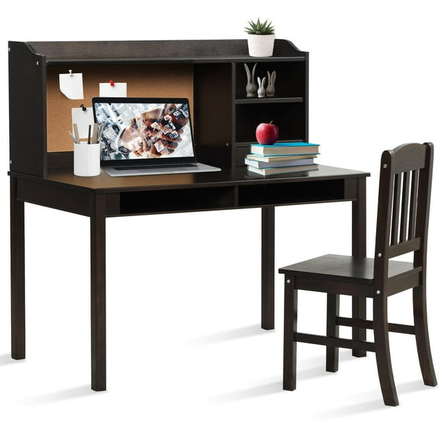 Giantex Kids Desk and Chair Set, Children Study Writing Desk w/Chair, Student Wooden Computer Workstation, Brown