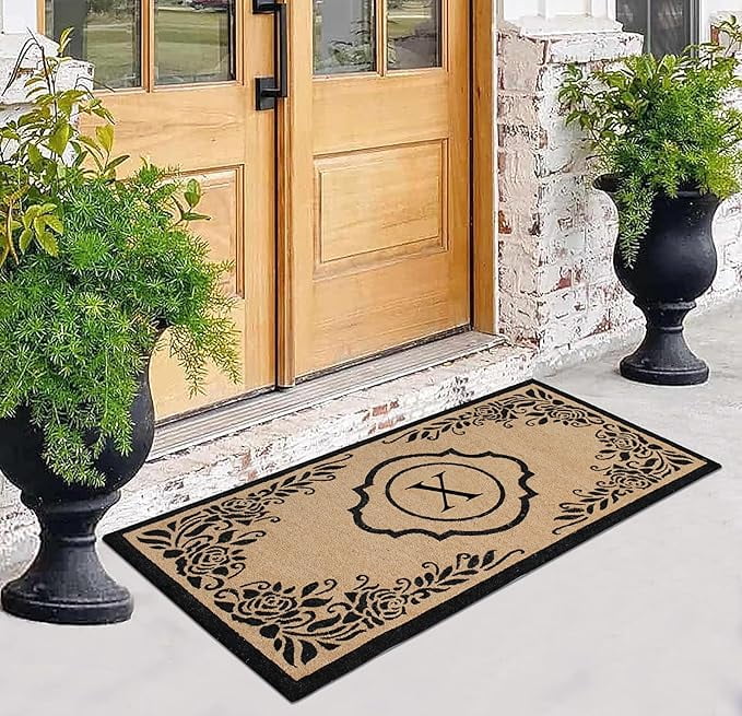 A1HC Natural Coir Monogrammed Floral Door Mat, 36"x72", Durable Anti-Shed Outdoor Door Mat, Heavy-Duty, Low-Profile, Easy to Clean