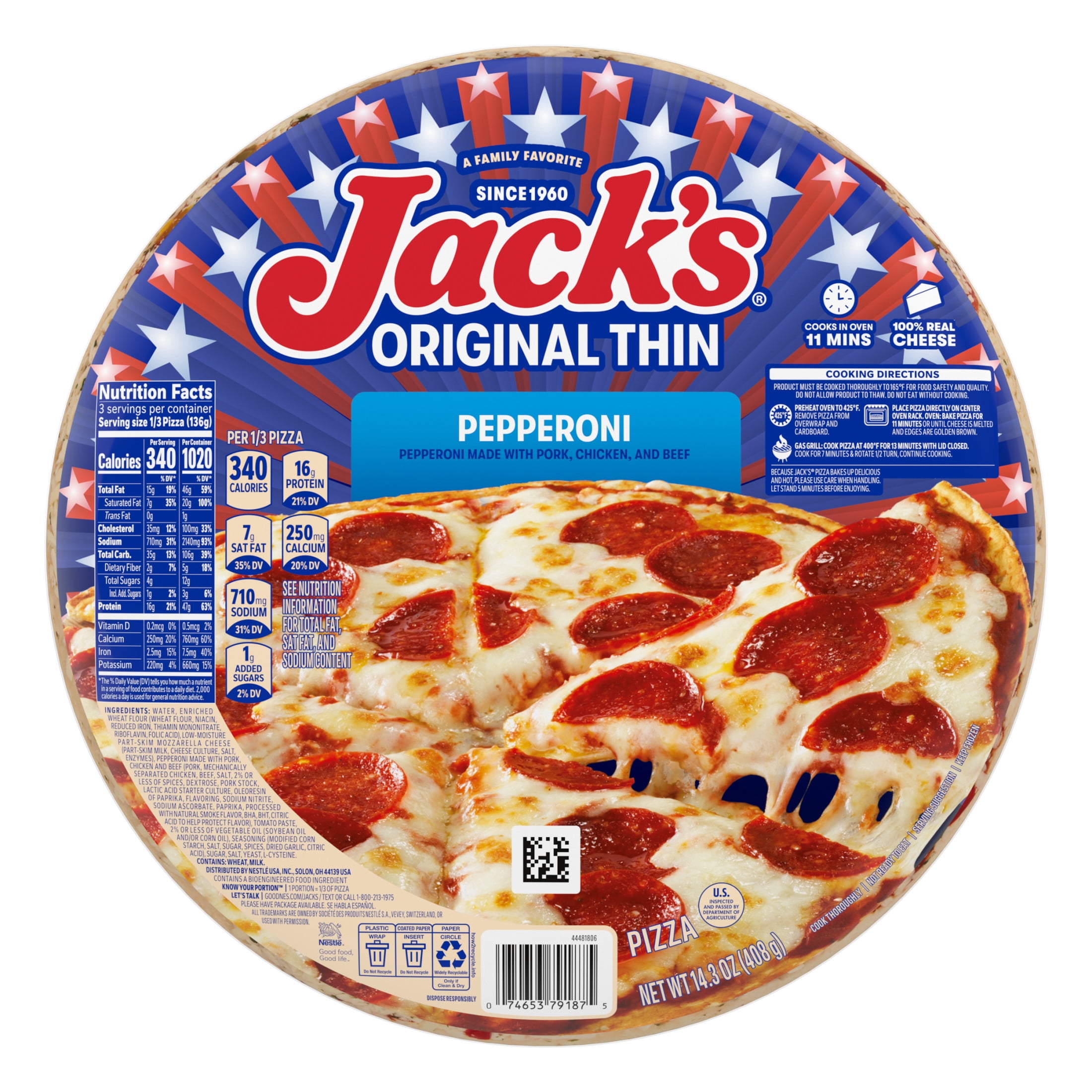 Jack's Frozen Meat Pizza, Pepperoni and Cheese, Original Thin Crust Pizza for Grilling, 14.3 oz (Frozen)