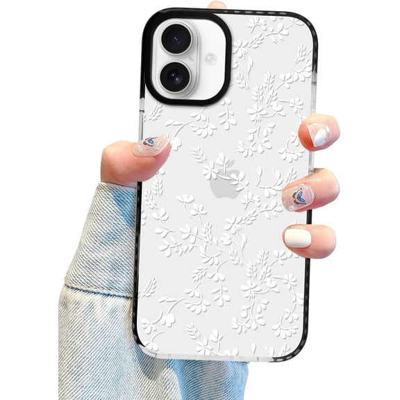 Compatible with iPhone 16 Plus Phone Case, Cute Clear White Floral Flower Pattern Aesthetic Soft TPU Transparent Cases Protective Phone Cover for Women Girly - White Flower