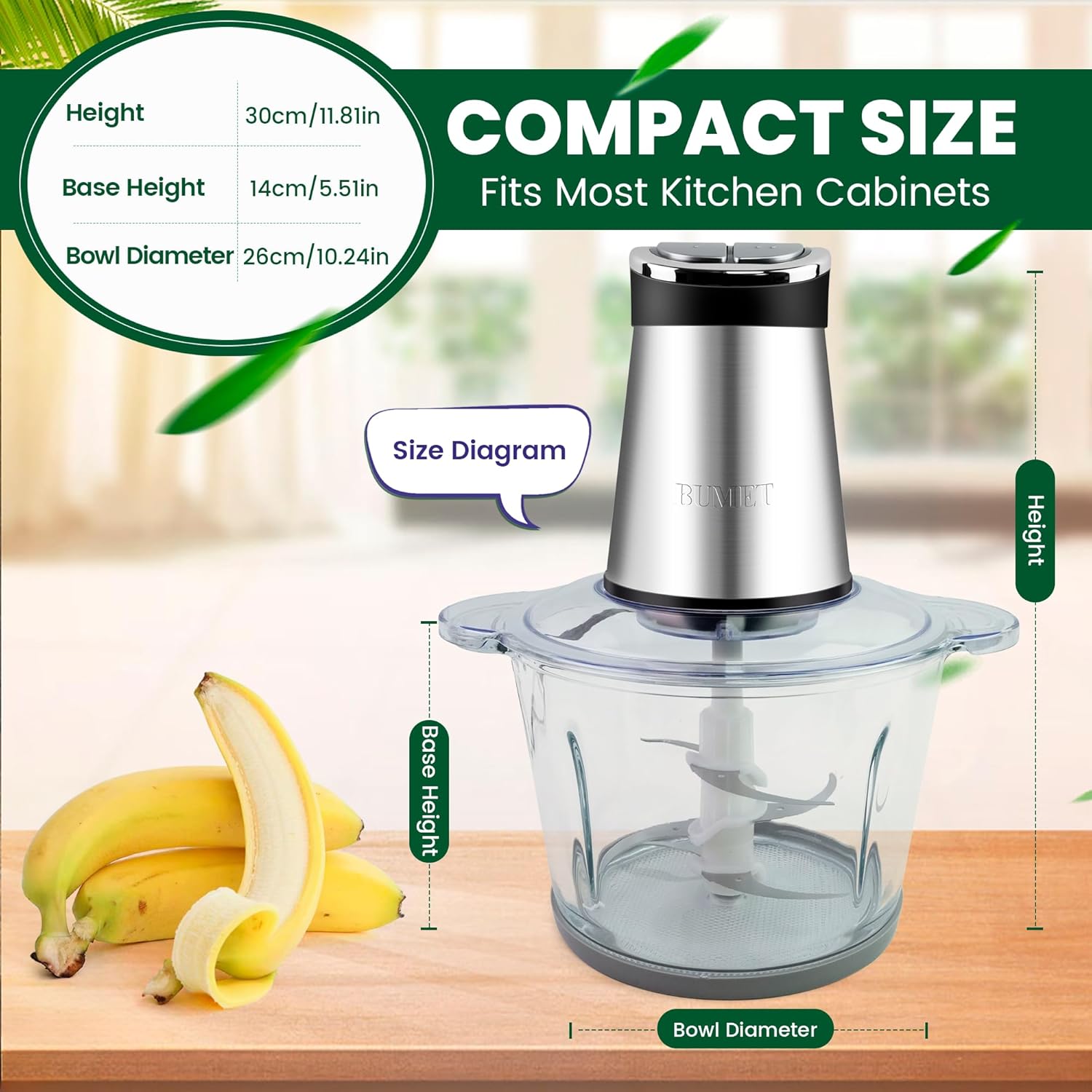 800W Electric Food Processor with LED Timer, 2X12-Cup Bowls & 6 Blades for Meat Grinding and Vegetable Chopping