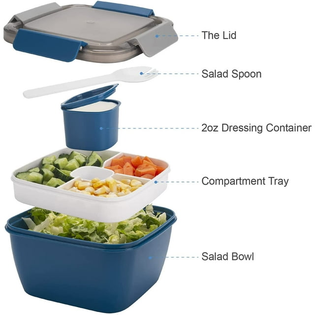 Salad Lunch Containers To Go, Salad Bowls With 3 Compartments, Salad Tupperware For Salad Toppings