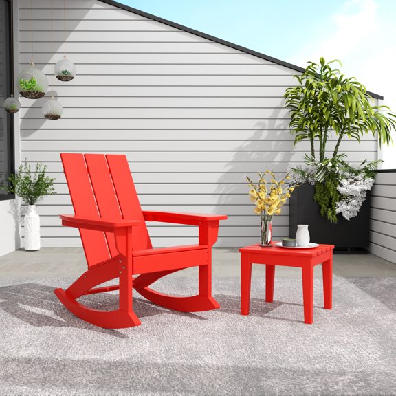 WestinTrends Ashore 2 Piece Patio Rocking Chair Set, All Weather Poly Lumber Adirondack Rocker Deck Porch Patio Chair with Large Side Table, Red