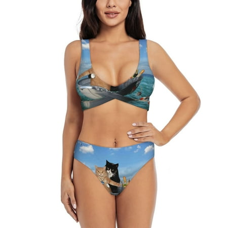 Zeuib Two Brave Cats Are Floating On The Sea Iceberg High Waisted Tummy Control Bikini Set - Knot Front Push Up Top & Cheeky Thong Bottom  Two-Piece Swimsuit for Women-Small