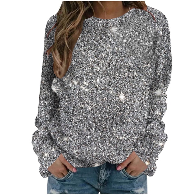 Bowake Sweat à Manches Longues à Sequins pour Femmes Col Rond Décontracté Hauts Pailletés pour Sortir Blouses de Fête