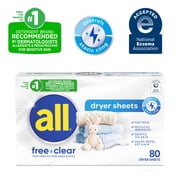 (2 pack) all free clear Fabric Softening Dryer Sheets for Sensitive Skin, Controls Static, 80 Count
