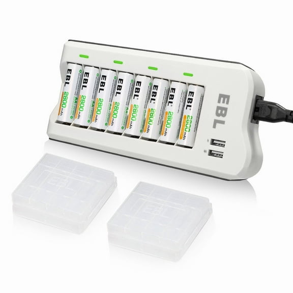 EBL AA Rechargeable Batteries 2800mAh (8-Counts), 8 Bay Battery Charger for AA AAA Ni-MH Ni-CD Batteries with Dual USB Charging Ports