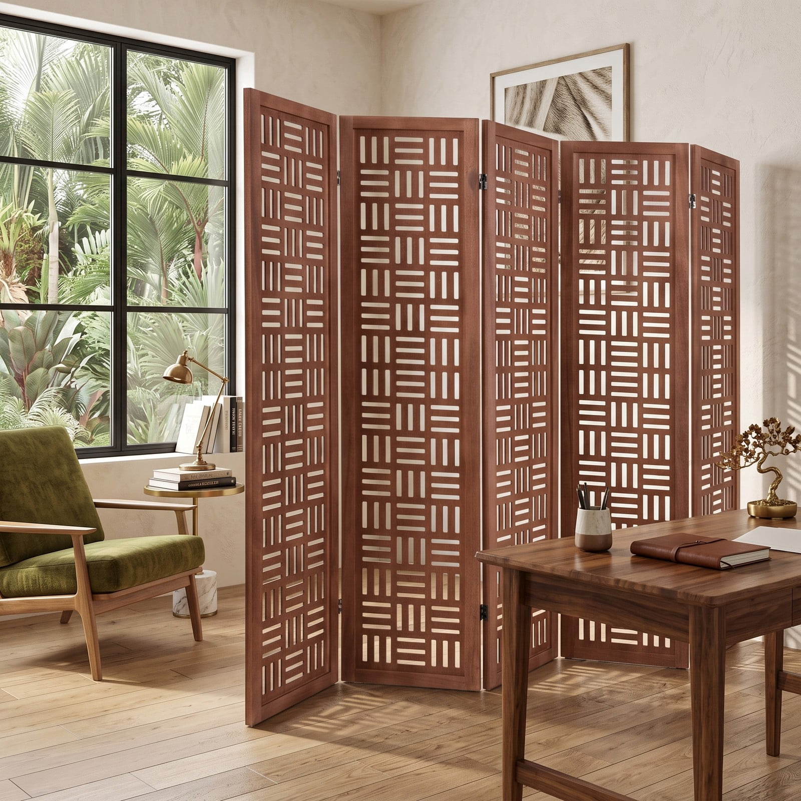 ALPULON 6-Panel Solid Wood Room Divider Folding Partition Screen, Freestanding Paulownia Wood Privacy Panel with Cut-Out Pattern for Living Room Bedroom Office, Walnut