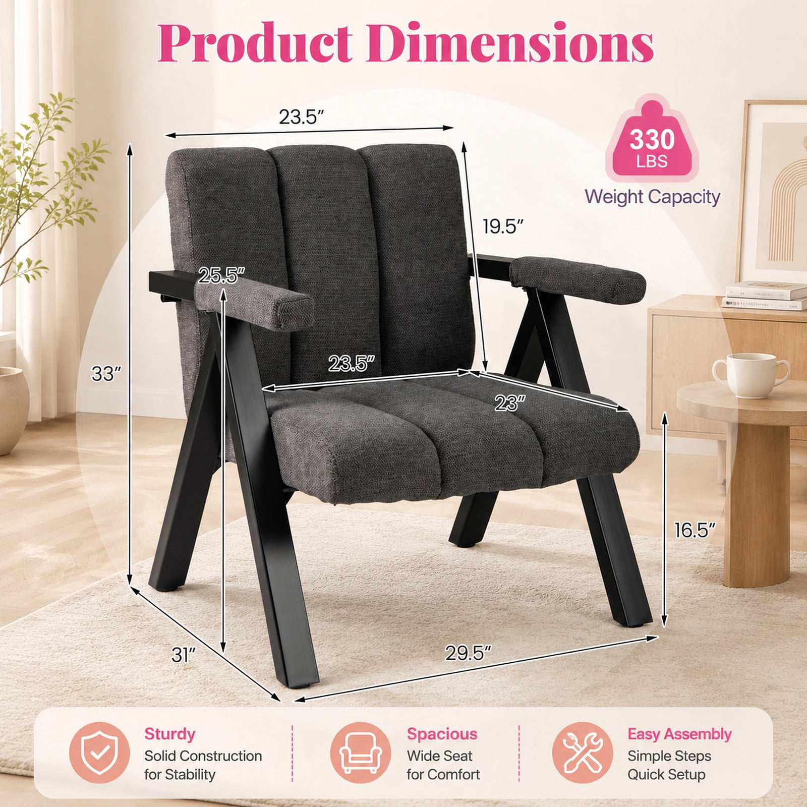 Furnibear Oversized Accent Chair with Powder Coated Metal Frame Contoured Backrest and Washable Armrest Cover for Living Room and Office, Gray