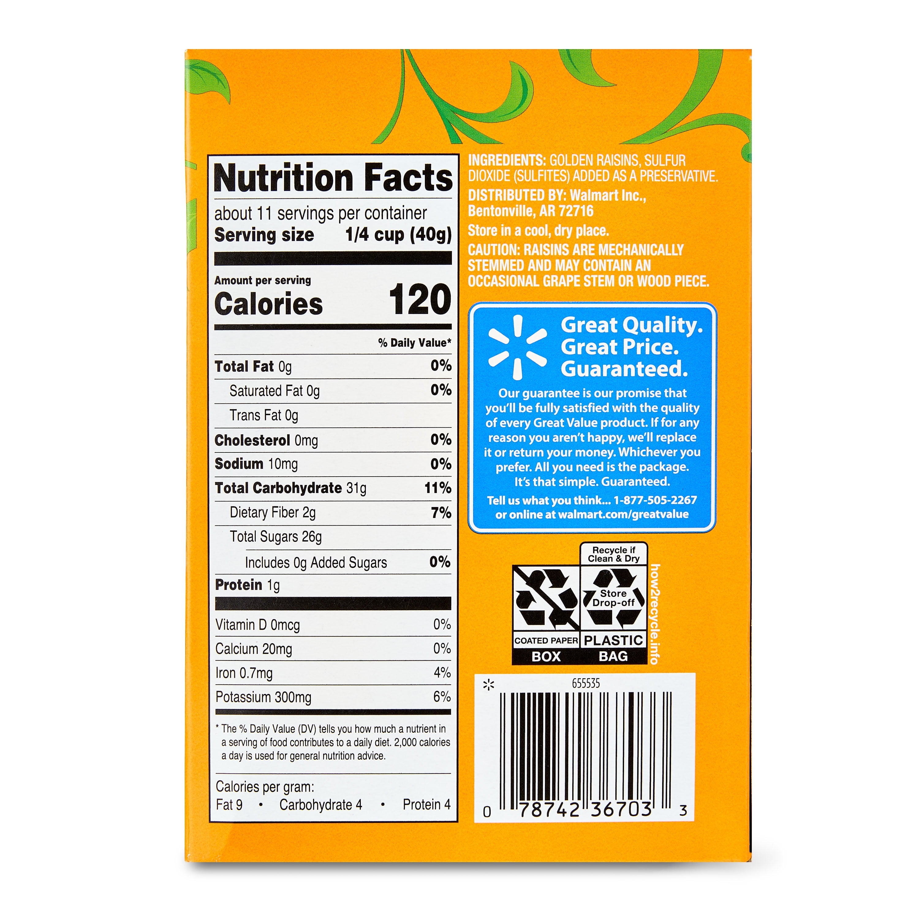 (4 pack) Great Value Seedless Golden Raisins Carton, 15 oz (425g)