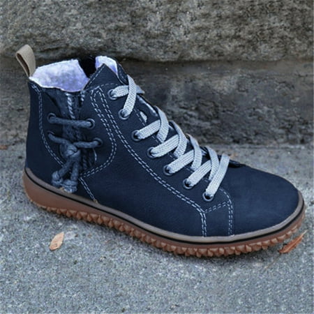 

Women s Ankle Boot with Plush Liner Vintage Style Casual Ankle Sneakers Warm Lining PU High Top Shoes for Winter 41 Blue