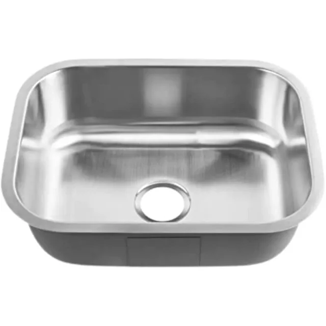 tarja fregadero de 1 tina para submontar acero inoxidable gilfer premium, de submontar, fácil instalación — vista cenital frontal de tarja Gilfer en acero inoxidable cepillado gris; tina rectangular con esquinas redondeadas, orificio central para desagüe y 23 cm de profundidad; base con recubrimiento insonorizado y preparación para instalación bajo cubierta; también adecuada como lavabo auxiliar en área de servicio.
