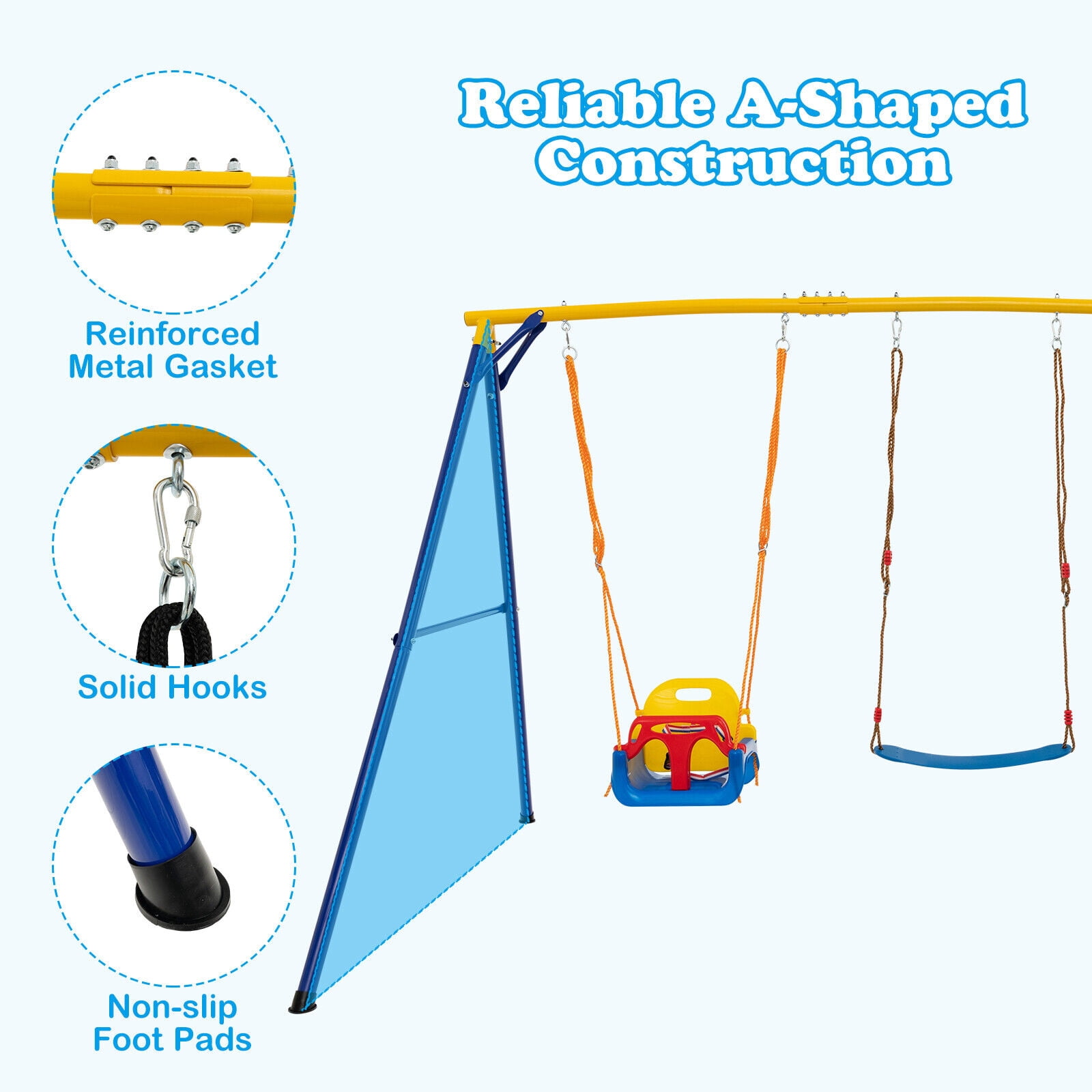 Amijoy 3-in-1 Kids Swing Set, 660 LBS Carbon Steel Swing Frame w/ Belt Swing, Platform Tree Swing & Baby Swing Seat