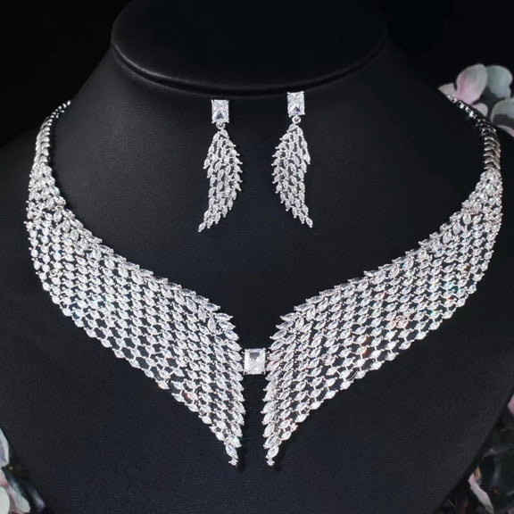Shiny Silver Plated CZ Leaf Feather Wing Earring Necklace Set for Brides Jewelry