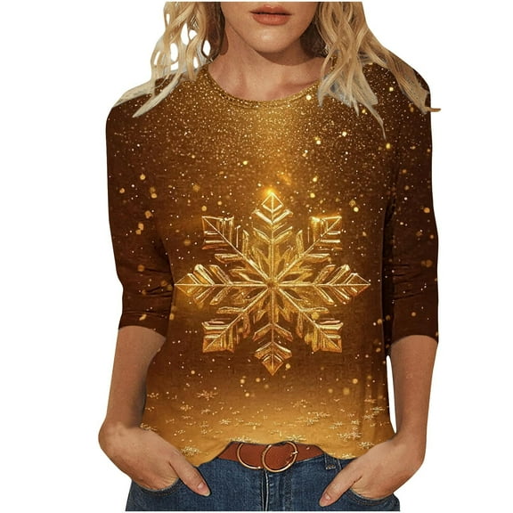 GA WEIHUA Saving,Women's Tops 3/4 Sleeve Round Neck Christmas Printed Tshirts Cute Tunic Loose Fit Pullover Blouses & Basic Tees(Gold,Large)