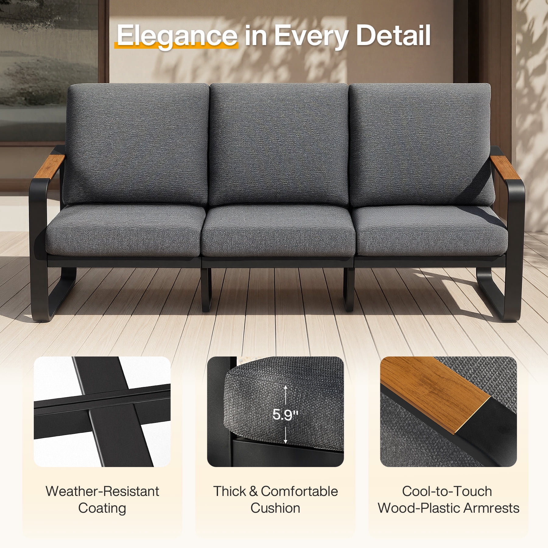 Fnova 3-Person Outdoor Sofa, Heavy Duty Metal Patio Couch with Thick Cushions, Weather-Resistant Outdoor Seating Furniture for Patio, Backyard, Porch and Garden
