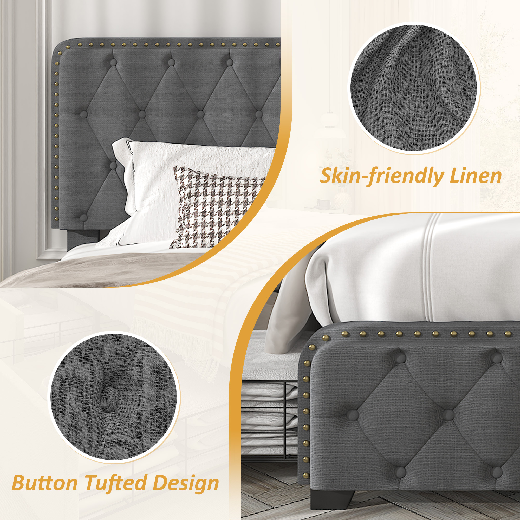 Lifezone Queen Size Platform Bed Frame with 4 Storage Drawers and Upholestered Headboard, Dark Grey