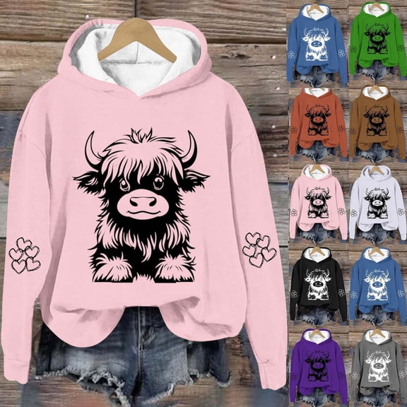 Jinhomg Girls Cute Cow Print Sweatshirt Long Sleeve Hoodie Pullover Tee Girls Oversized Thin Fleece Spring Fall Sweatshirts Black,13-14 Years