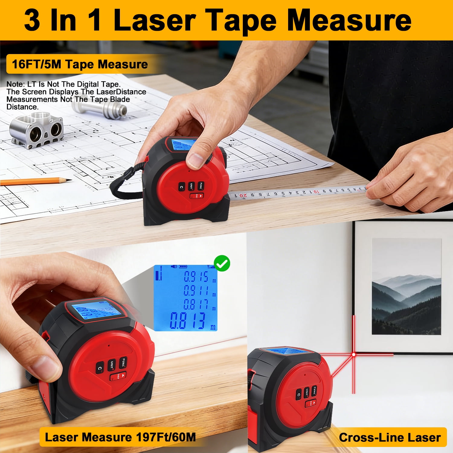 ABCPOW 3-in-1 Digital Laser Tape Measure,197ft Laser Distance Meter with LCD Display,16ft AutoLock Digital Tape Measure with Cross Line,Digital Level, Pythagorean/Area/Volume,Ft/Ft+in/in/M Units,Red