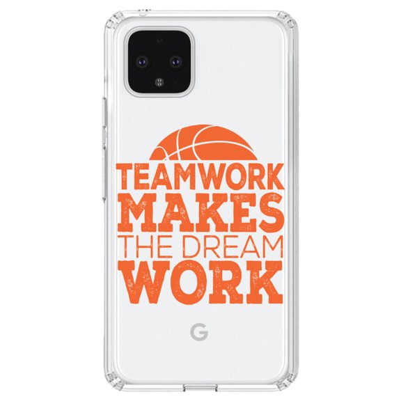 DistinctInk Clear Shockproof Hybrid Case for Google Pixel 4 (6.1" Screen) - TPU Bumper Acrylic Back Tempered Glass Screen Protector - Teamwork Makes the Dream Work Basketball