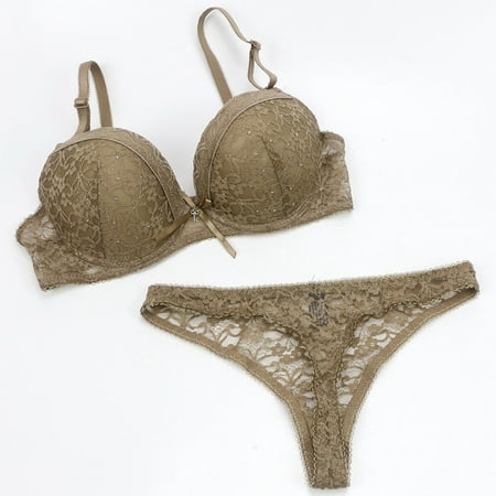

wendunide lingerie for women Fashionable Drill Decoration Lace Bra Set Ladies Gather Bra Underwear Khaki 85