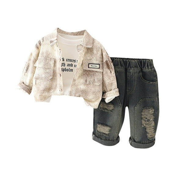 BOOMNY Toddler Baby Boys Outfit Set Long Sleeve Casual Tie Dye Print T-Shirt Jeans And Outwear 3 Peice Clothes Set Cozy Dailywear