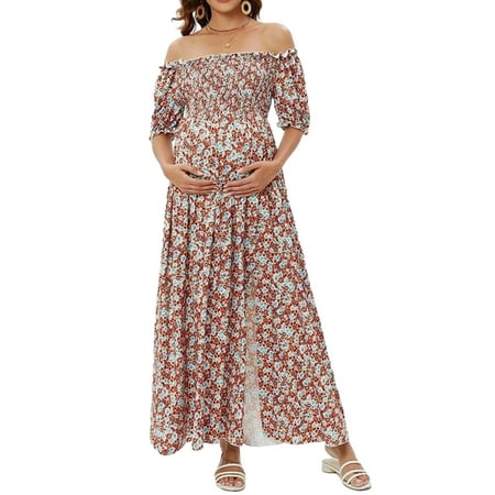 

Comfortable Maternity Dress Off-Shoulder Chiffon Gown with Front Split in Solid Colors Perfect for Pregnancy Photoshoots