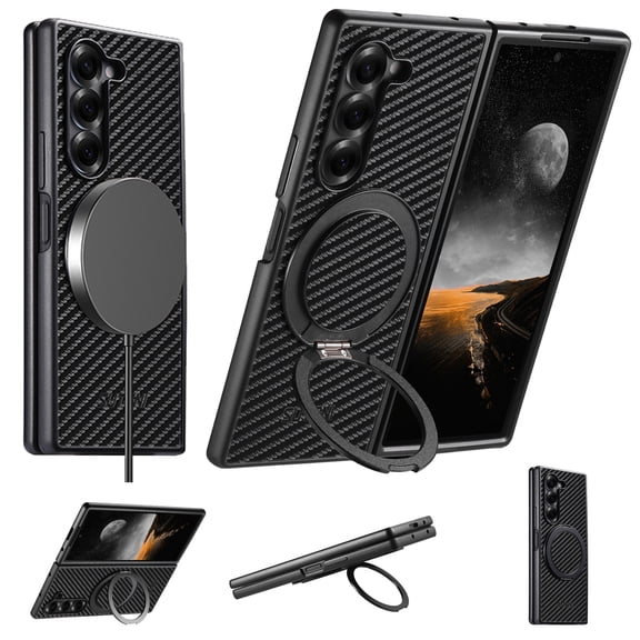 Case for Samsung Galaxy Z Fold 7, Carbon Fiber Texture Protective Cover, Compatible with MagSafe, 360° Rotating Kickstand Lightweight Shockproof Slim Phone Case, Stylish Gift for Men and Boys, Black