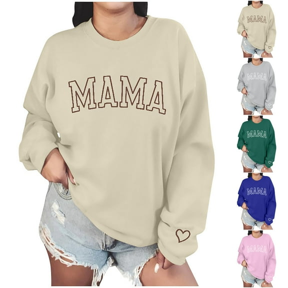 Fartey Oversized Sweatshirts for Women Funny Mama Letter Print Crew Neck Pullover Tops Casual Loose Long Sleeve Blouses Fashion Y2k Sweatshirts Beige XS-XL