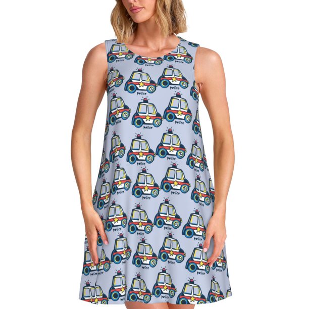 Easygdp Police Car para Vestido Transpirable de Mujer, Vestido Suelto de Manga Corta con Pliegues y Bolsillos para el Verano