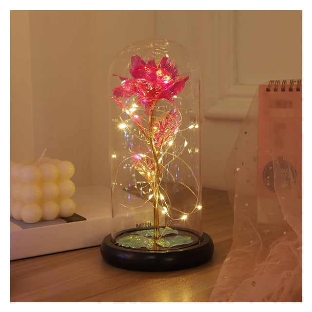 Flor de la inmortalidad con cubierta de vidrio y luces LED, flor de cristal eterna for siempre, rosa iluminada en cúpula de vidrio