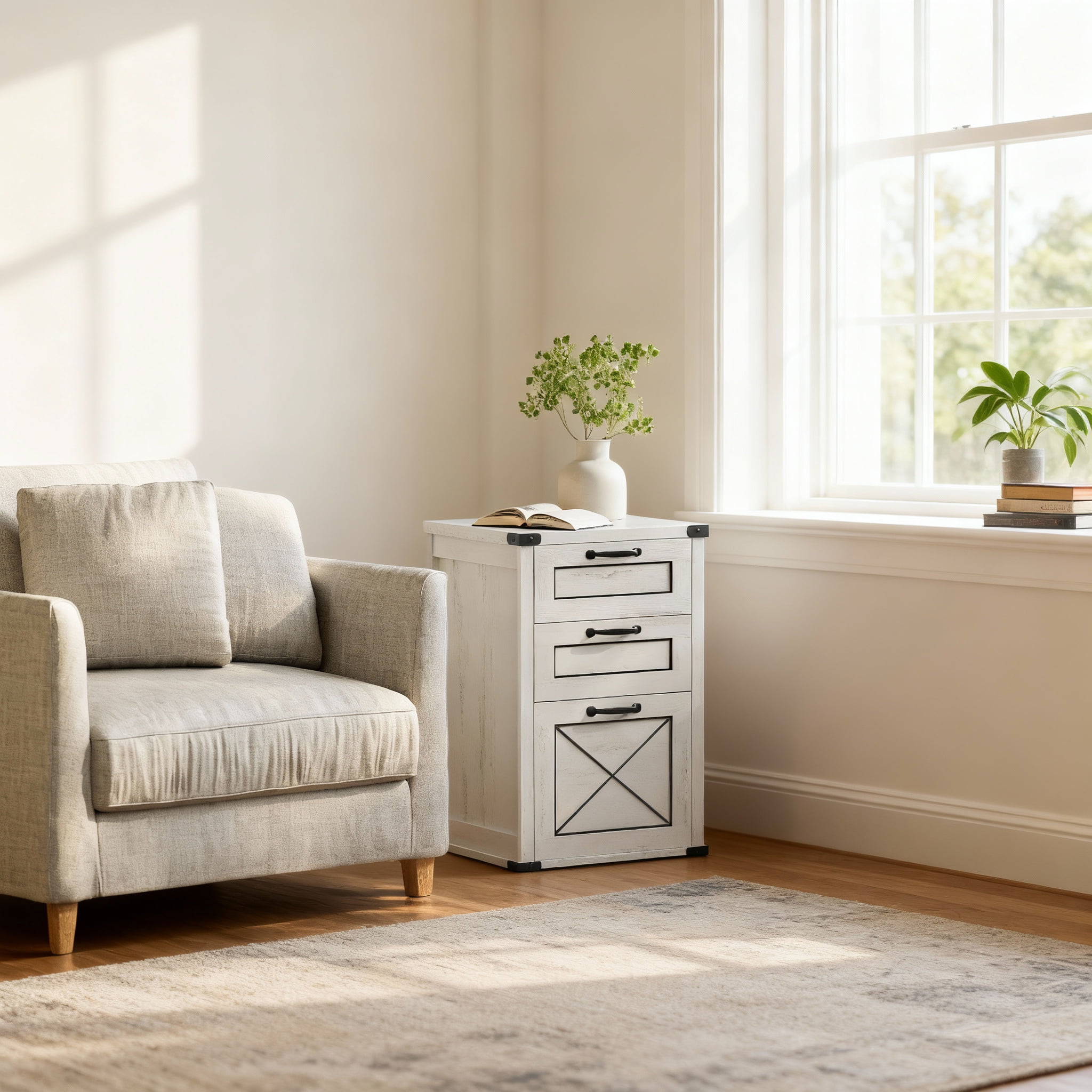 LEDREM 3-Drawer File Cabinet with Hanging Drawer,Printer Stand for A4 & Letter Files,Freestanding Storage Unit for Home Office,Rustic White