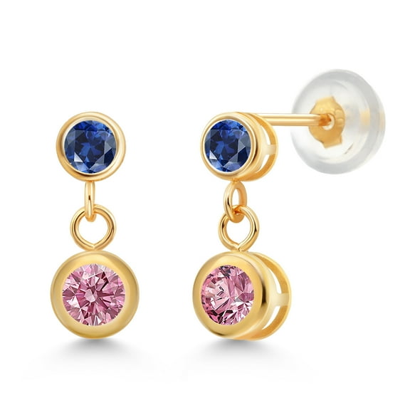 Gem Stone King 14k Yellow Gold Pink Lab Grown Diamond and Blue Created Sapphire Two Stone Dangle Earrings for Women (0.78 Cttw, Gemstone April Birthstone, Round 4MM, Round 3MM)