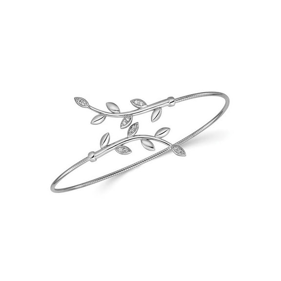 Stering Silver Leaf Bypass Flexible Cuff Bangle Bracelet with Synthetic Cubic Zirocnias for Women