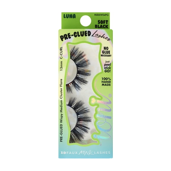IONI Cosmetics PRE-GLUED BLACK BAND lash LUNA, wispy medium cluster flare, C-curl 13mm