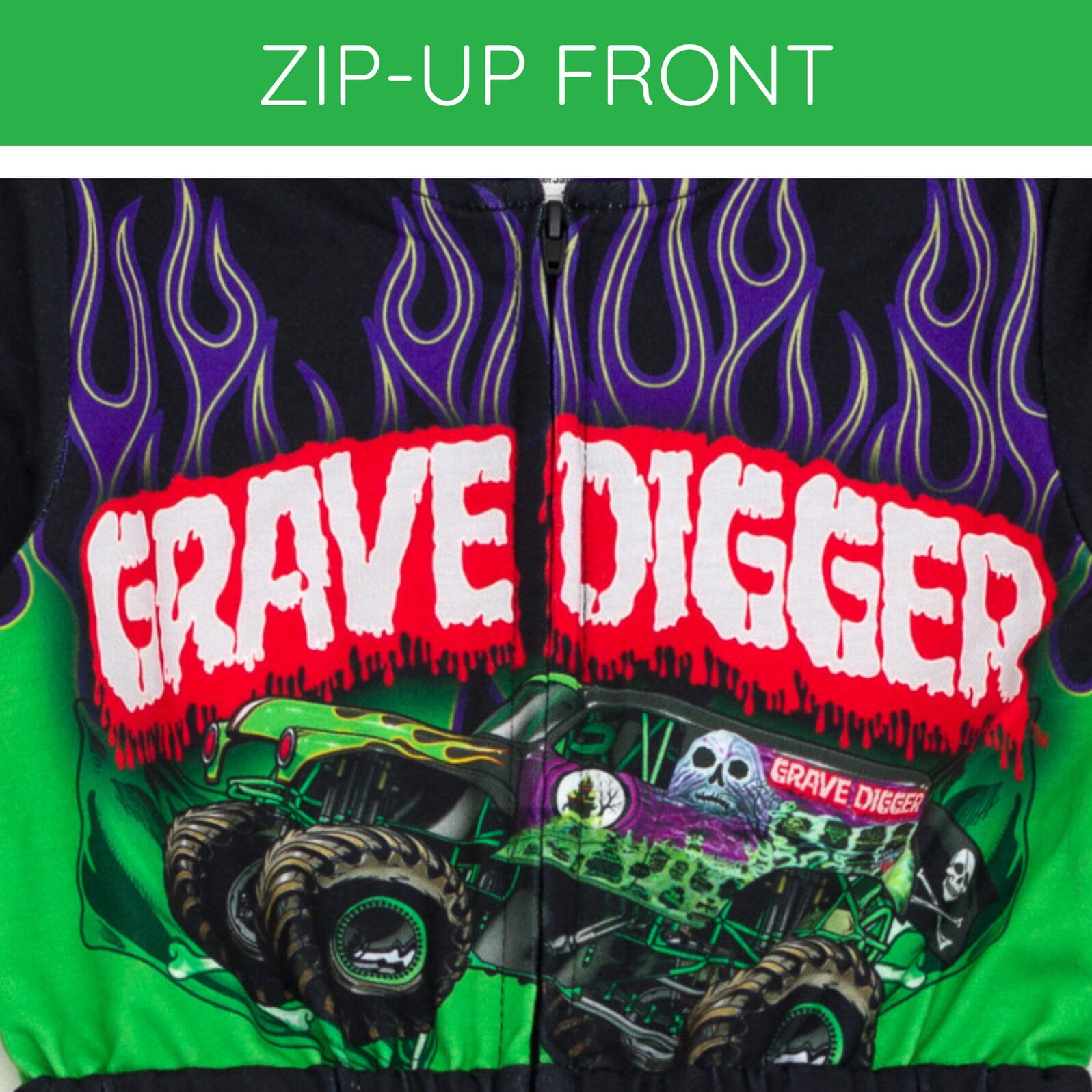 Monster Jam Toddler Boys' Zip-Up Coverall Black Grave Digger