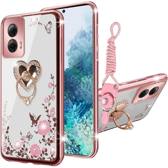 nancheng Phone Case for Motorola Moto G Power 5G (2024)  Cute Soft TPU Cover for Girls Women with Heart Kickstand Lanyard Shockproof Protective - Rose Butterfly