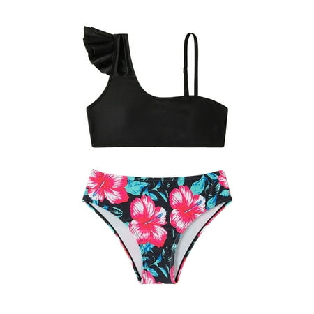 Toimothcn Girl s Swimsuit One Shoulder Casual Floral Printed 2 Piece Bikini Set Quickly Dry Cover Up Swimwear 5-6 Years