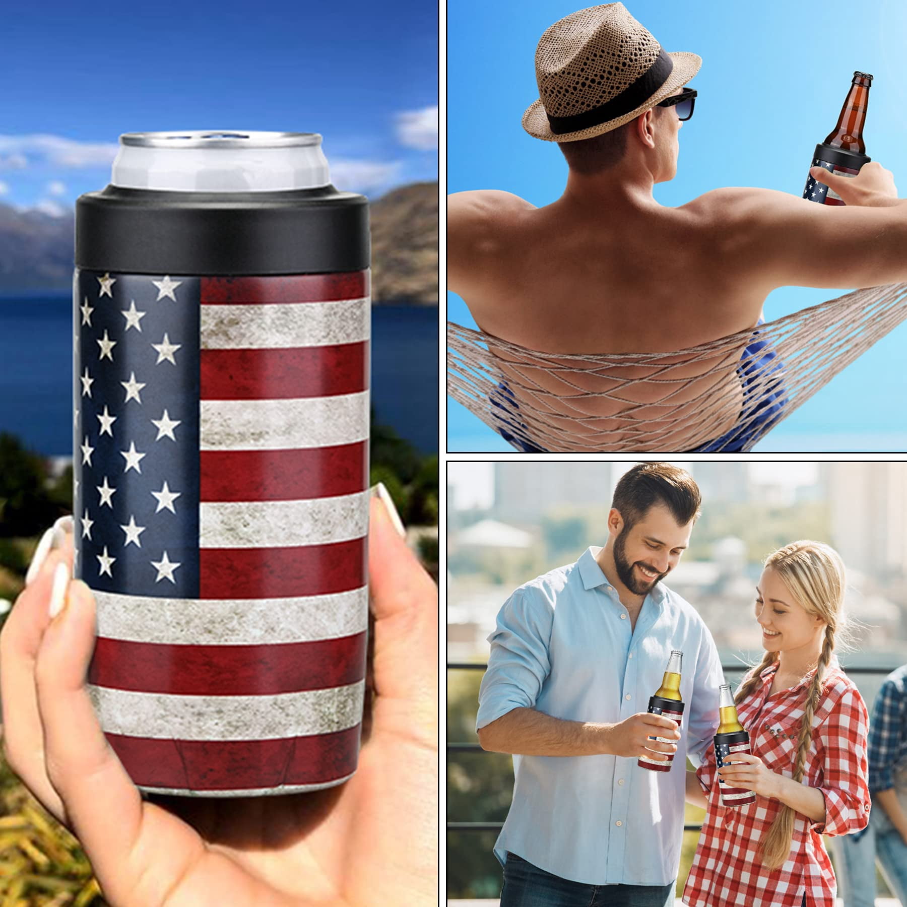 Jslove 4 in 1 Insulated Can Cooler - Universal Size for 12 oz Cans, Slim Cans, and Bottles - America Flag