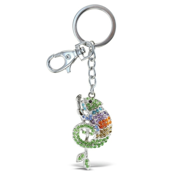 Aqua79 Chameleon Keychain - Silver 3D Sparkling Charm Rhinestones Fashionable Stylish Metal Alloy Durable Key Ring Bling Crystal Jewelry Accessory With Clasp For Keychain Bag, Purse, Backpack, Handbag