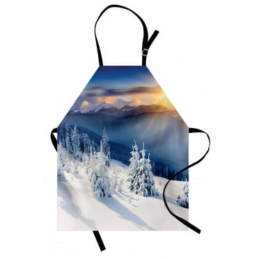 Winter Apron Fantastic Disappearance of Sunrise in Mountain Tops Dramatic Sky Alpine, Unisex Kitchen Bib Apron with Adjustable Neck for Cooking Baking Gardening, White Blue Apricot, by Ambesonne