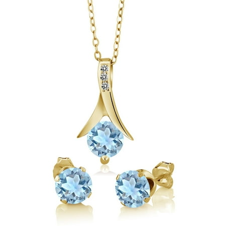 Aquamarine Jewelry - 2.30 Ct Sky Aquamarine White Diamond 18K Yellow Gold Plated Silver Jewelry Set