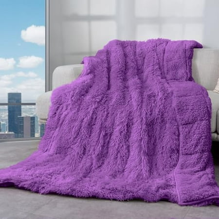Weighted Blanket 15lbs 48x72 inches for Twin/Full Bed, Faux Fur Sherpa Weighted Blanket for Adults, Plush Cozy Bed Blanket with Ceramic Beads for Calm and Relax, Purple