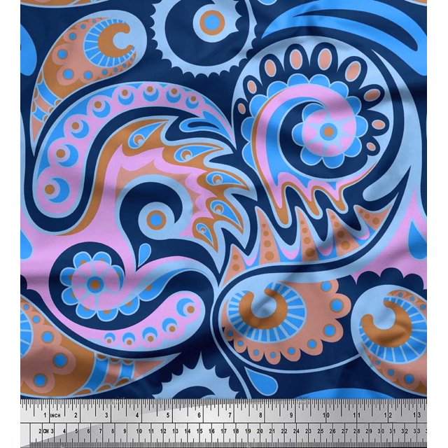 Soimoi Polyester Crepe Fabric Artistic Paisley Printed Fabric 1 Yard 52 Inch Wide