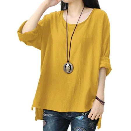 - Womens Round Neck Long Sleeve Loose Asymmetric Tops