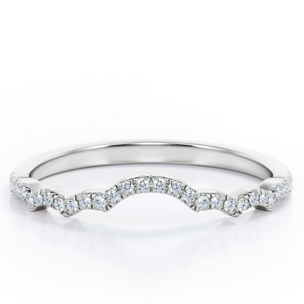 JeenMata Alianza de Boda Curvada con Forma de Nube de Diamantes de Talla Redonda de 0,15 TCW y Pavé Festoneado en Oro Blanco de 10 K