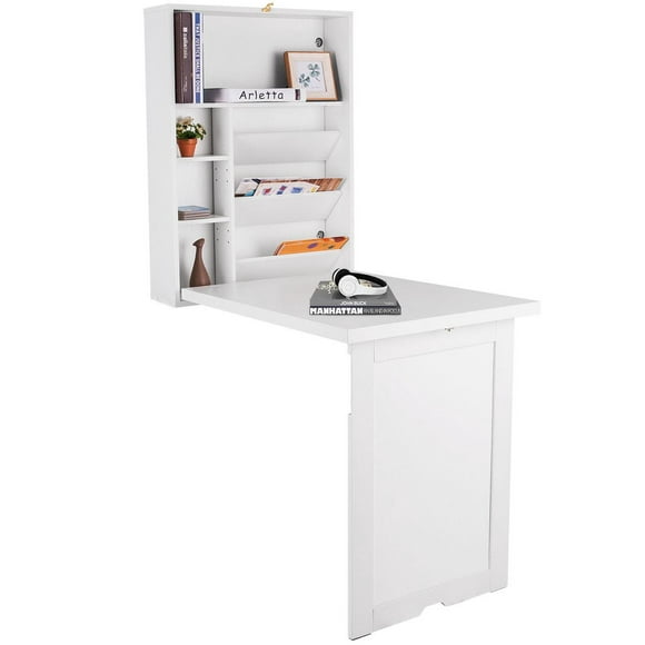 Giantex Wall Mounted Desk, Floating Desk, Folding Wooden Convertible Writing Desk w/Storage Area for Space Saving, White